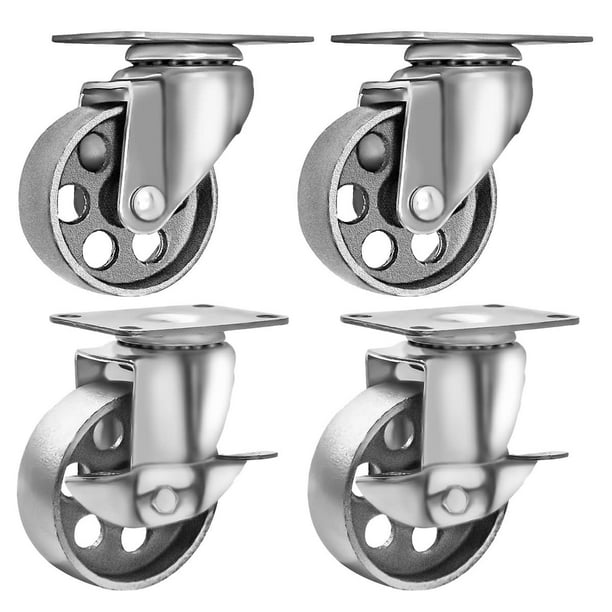 4 All Steel Swivel Plate Caster Wheels Lock Heavy Duty Gray 3.5" Combo